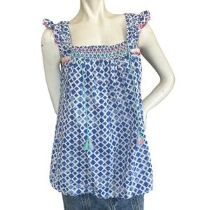 Matilda Jane Wandering Waters Flutter Sleeve Tassel Top Blue & White Size Medium
